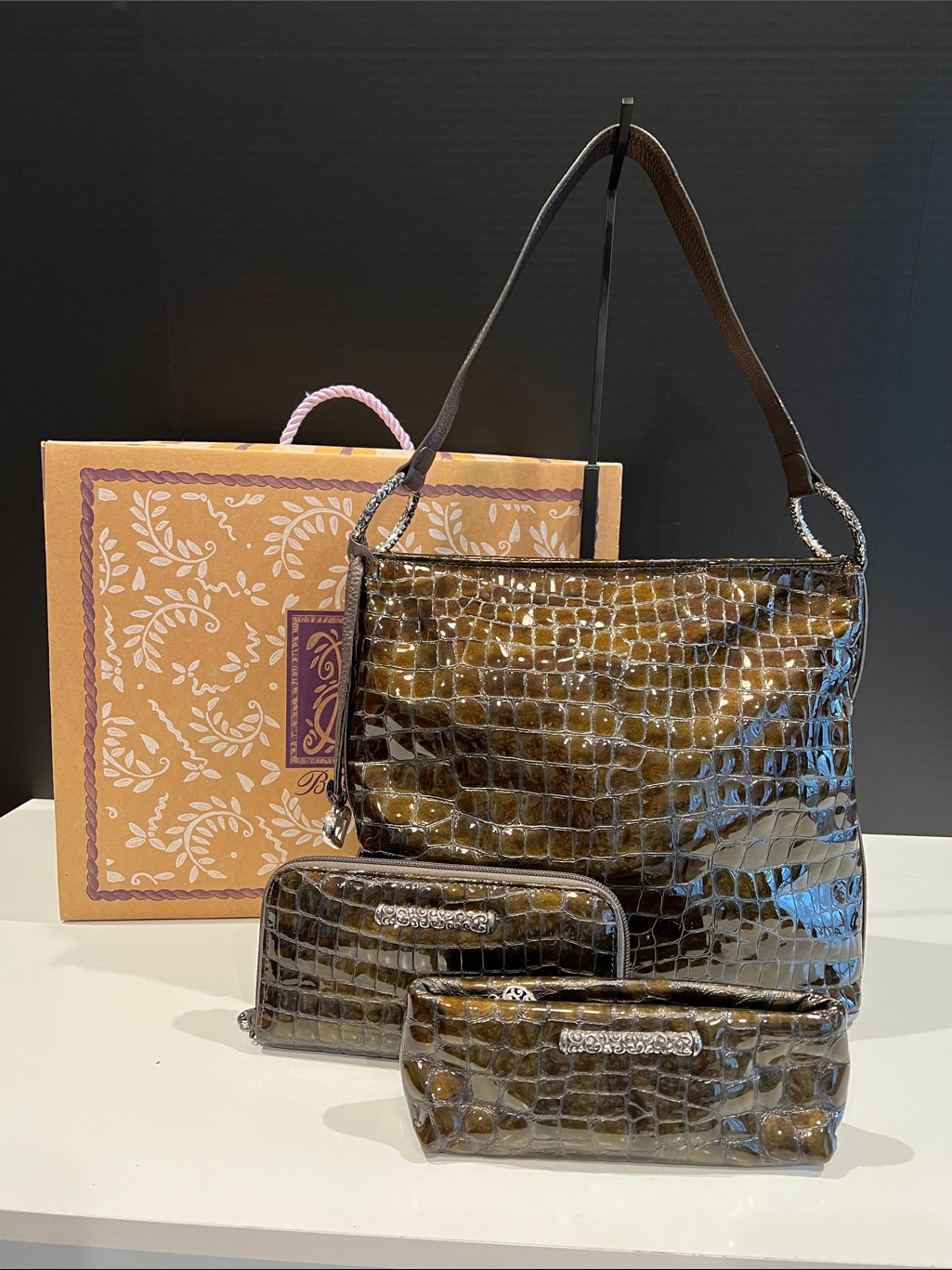 Brighton Pewter Croc-Embossed Shoulder Bag With Matching Pouches